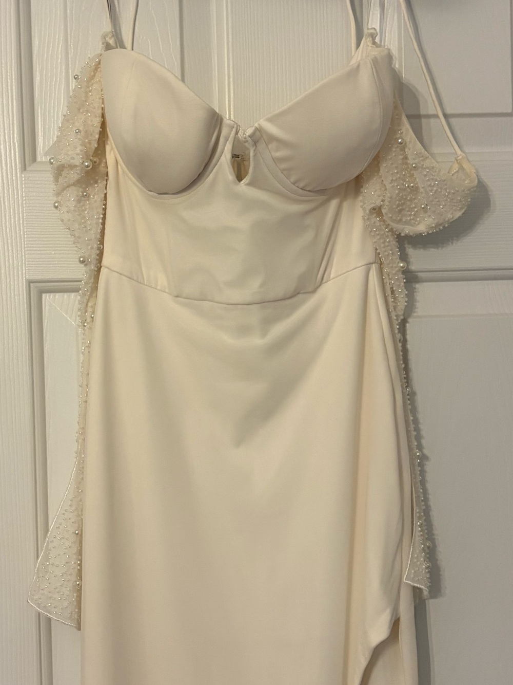 Oh Polly Cream Bridal Slip Dress with Beaded Flutter Sleeves